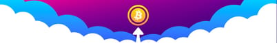 Bitcoin logo up in the clouds with an arrow pointing upwards